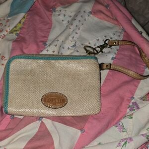 Fossil Beige Amd Black Wristlet with Teal Trim and Tan Strap